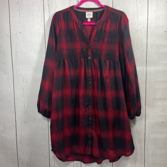 Knox Rose Womens Plaid Long Sleeve Smocked Shift Button Front Red Midi Dress - Picture 6 of 15
